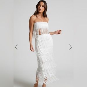 SHOWPO AMALEE FRINGE TWO PIECE SKIRT SET IN WHITE, SIZE 4